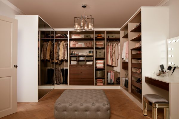 Walk In wardrobe – Parity matt white and walnut-bespoke walk-in wardrobe